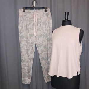 Jaclyn Intimates Cozy Soft Pjs Camo Pajama Set Lounge Pants Tank Top Pink Grey L